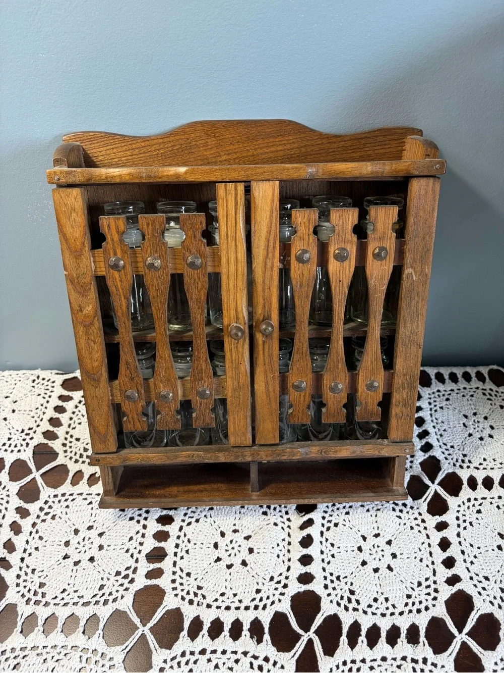 Vintage Wooden Kitchen Spice Rack Cabinet with Glass Jars/Lids